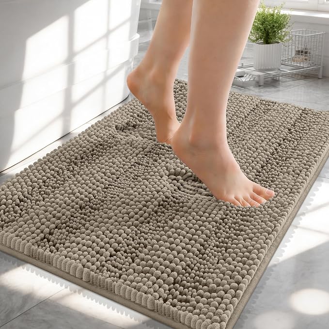 OLANLY Thick Small Bathroom Rugs 24x16, Soft Chenille Bath Rugs, Warm Taupe | Rubber Backing, Machine Wash, Extra Absorbent Striped Bath Mats for Bathroom Floor, Tub and Shower, Home Decor Accessories