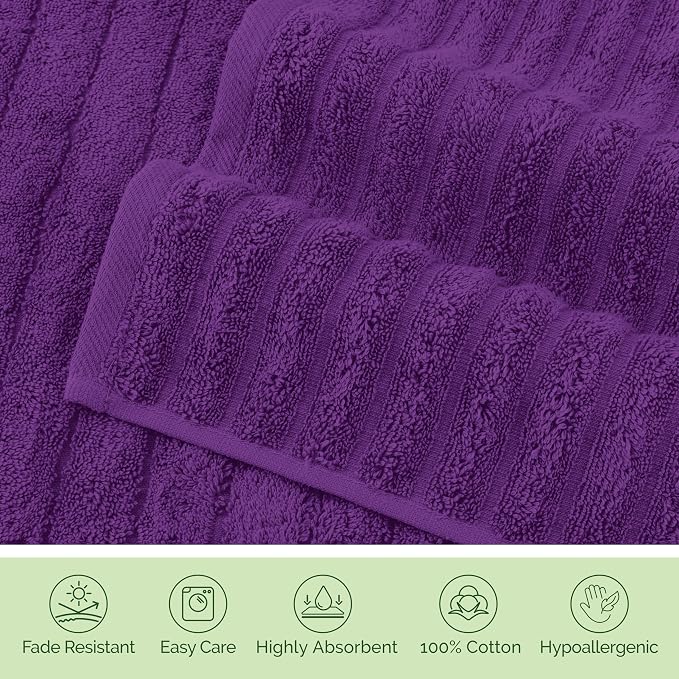 Elegant Comfort Luxury 100% Turkish Cotton Corduroy Ribbed 4 Pack Hand Towel Set 16 x 28 Inch - Absorbent, Super Soft, Quick Dry, Premium Towels for Bathroom, Gym, Spa and Hotel Use, Purple