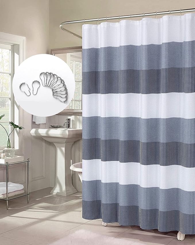 Dainty Home Waffle Weave Waterproof Shower Curtains, Navy 70" x 72", Bath Curtains, Shower Curtain Waterproof Fabric with 12 Roller Ball Hooks