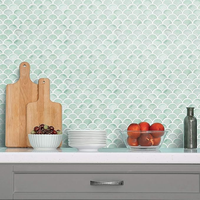 RoomMates TIL4571FLT StickTiles Aqua Scallop Peel and Stick Tile Backsplash (Pack of 8)