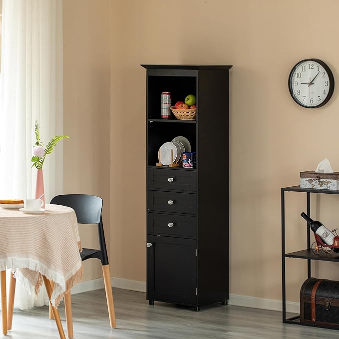 Basicwise Freestanding Storage Cabinet with Shelves Drawers & Door Linen Tower Organizer for Towels Toiletries and Essentials Floor Standing Cupboard for Bathroom Bedroom or Laundry Room, Black
