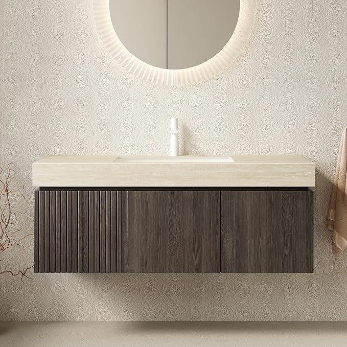 48” Floating Bathroom Vanity with Sink, Wall-Mounted Cabinet with Drawer & Doors, Roma Travertine-Pattern Countertop, Undermount Basin, Single Faucet Hole, Soft-Close, Pre-Assembled, Dark Oak