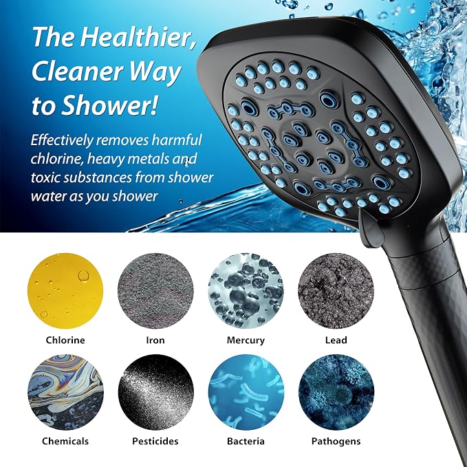 AquaCare 4X 10-Mode High Pressure Hand Shower w/Filter & 2-mode Power Wash | Filters Chlorine & Toxins, Softens Hard Water for Healthy Skin & Hair. Handheld Power Head Cleans Tub, Tile & Pets / Black