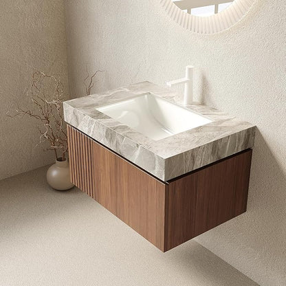 36” Floating Bathroom Vanity with Sink, Wall-Mounted Cabinet with Drawer & Doors, Gray Travertine-Pattern Sintered Stone Top, Undermount Basin, Single Faucet Hole, Soft-Close, Pre-Assembled, Brown Oak