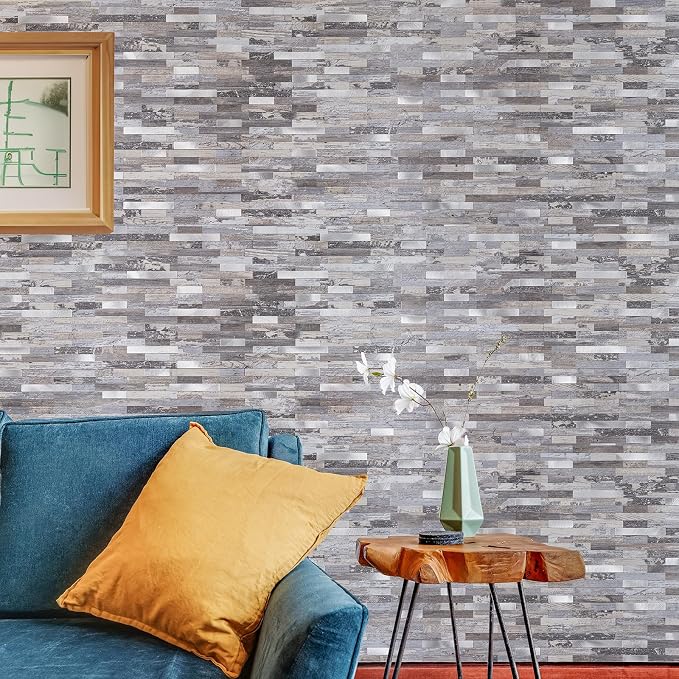 StyloVue 2 Sheets Peel and Stick Backsplash, Distressed Wood with Metal Silver Self Adhesive Wall Tiles Upgrade Your Kitchen Backsplash, RV, Fireplace