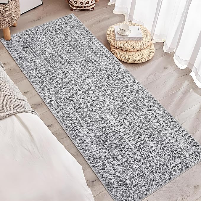 Printed Washable Runner Rugs 2x10 Rug for Living Room Bath Mat Modern Imitation Braided Bedroom Rug Non Slip Geometric Area Rug Kitchen Rugs Stain Resistant Carpet 2'x10' Light Grey