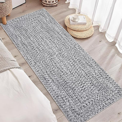 Printed Washable Runner Rugs 2x10 Rug for Living Room Bath Mat Modern Imitation Braided Bedroom Rug Non Slip Geometric Area Rug Kitchen Rugs Stain Resistant Carpet 2'x10' Light Grey