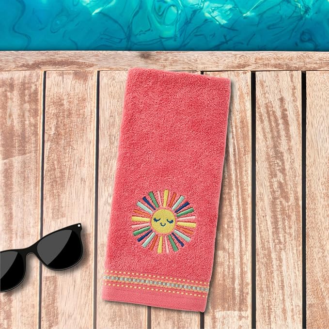 SKL Home Colorful Sun Hand Towel Set-2pc, 100% Cotton, Embroidered, Coral | Soft, decorative velour for summer fun & everyday decor. For use in the bathroom, kitchen or bar.