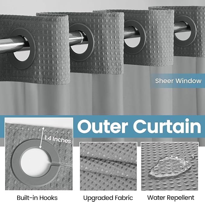 EUTXL Heavyweight No Hook Shower Curtain with Liner, Grey, 48x74 | Snap in Liner, Thick Waffle Fabric, Hotel Quality, Corner Magnets, Waterproof & Washable