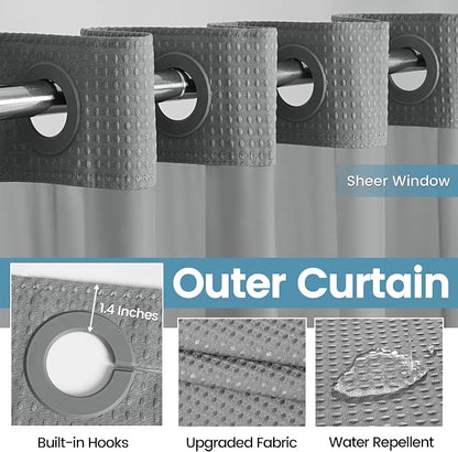 EUTXL Heavyweight No Hook Shower Curtain with Liner, Grey, 48x74 | Snap in Liner, Thick Waffle Fabric, Hotel Quality, Corner Magnets, Waterproof & Washable