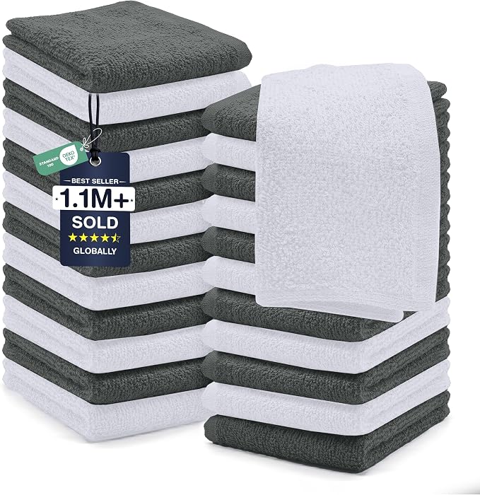 DAN RIVER 24 Pack Cotton Wash Cloths Set for Showering [12x12] Grey White | Lighter Weight, Quick to Dry, Super Soft & Absorbent Face Towels, Hotel Quality, Perfect for Bathroom, Gym, Spa
