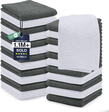 DAN RIVER 24 Pack Cotton Wash Cloths Set for Showering [12x12] Grey White | Lighter Weight, Quick to Dry, Super Soft & Absorbent Face Towels, Hotel Quality, Perfect for Bathroom, Gym, Spa