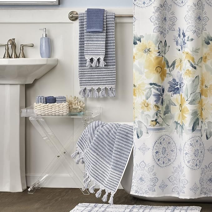 SKL Home Longborough Hand Towel Set-2pc, 100% Turkish Cotton, Denim Blue | 640 GSM weight. Spa-level quality. Soft & absorbent jacquard with tassels. For the bathroom, kitchen, bar or any sink space.