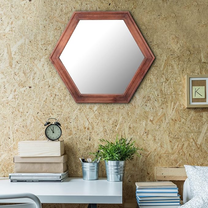 Stonebriar Decorative 24" Hexagon Wall Mirror with Redwood Frame and Attached Hanging Bracket, Decorative Country Rustic Decor for The Living Room, Bedroom, Bathroom, Hallway, and Entryway