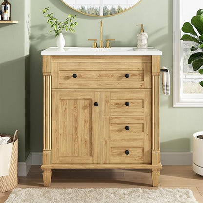 LIKIMIO 30 Inch Bathroom Vanity with Sink, Towel Holder & Adjustable Solid Wood Legs for Uneven Floor, Modern Bathroom Storage Cabinet with Tip-Out Drawer, 2 Drawers & Adjustable Shelf, Nature