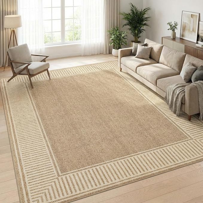 Garvee Modern Bordered Neutral Rugs for Living Room 8x10 Washable Rug Jute | Large Non Slip Low Pile Soft Carpet Foldable Non-Shedding Woven Printed Floor Cover for Bedroom Playroom Nursery Office Dorm