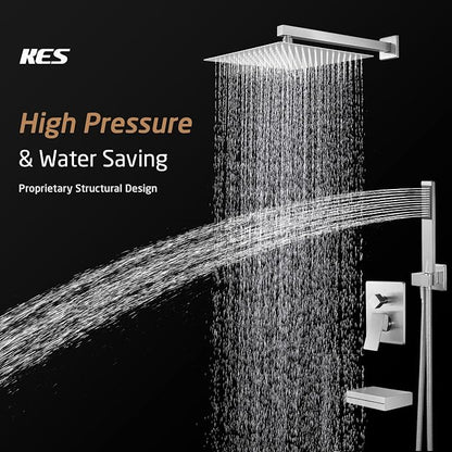 KES Shower Faucet Set, Rain Shower System, Bathtub Faucet, Tub and Shower Faucet Combo, 12 Inch Rain Shower Head System with Handheld and Waterfall Tub Spout, Polished Chrome, XB6305F18S12-CH