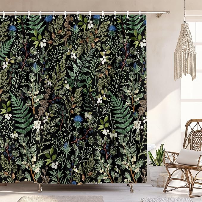 Vintage Botanical Shower Curtain, Elegant Boho Gothic Dark Green Ferns Floral Leaves Shower Curtain for Bathroom, Retro Whimsical Cottage Core Wildflower Farmhouse Curtain Bathroom Accessories 72X72