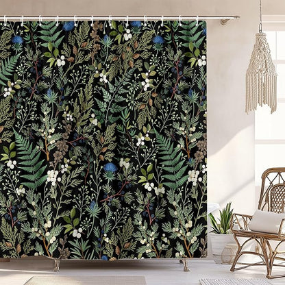 Vintage Botanical Shower Curtain, Elegant Boho Gothic Dark Green Ferns Floral Leaves Shower Curtain for Bathroom, Retro Whimsical Cottage Core Wildflower Farmhouse Curtain Bathroom Accessories 72X72