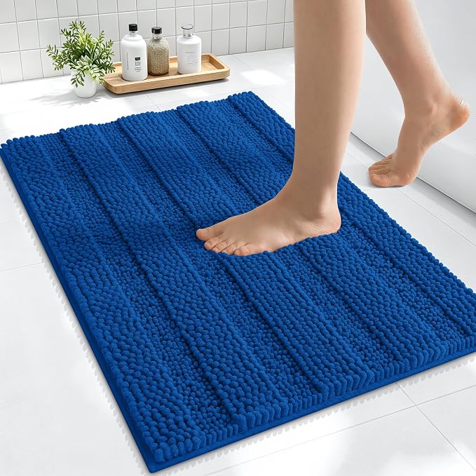 Smiry Thick Small Chenille Bathroom Rugs 24x16, Bath Mat, Deep Navy Blue | Quick‑Dry & Machine Washable, Non‑Slip Bath Carpet, Soft Striped Bath Rugs for Tub & Shower, Modern Home Decor Accessories