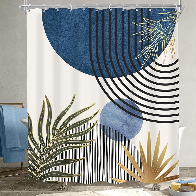 Mid Century Blue Green Boho Abstract Modern Bathroom Shower Curtain Set | 60Wx72L Plant design, waterproof HD print with fast-drying fabric and 12 hooks.