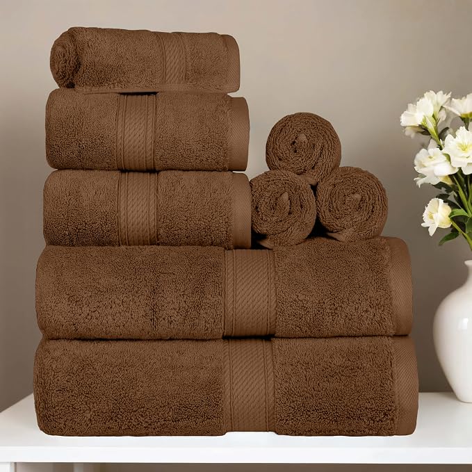 SUPERIOR Egyptian Cotton Ultra Plush & Absorbent, 8 Piece Set, Chocolate | Quick Dry, Soft Luxury Towel Set, Bath Essentials, Guest Bath, Spa, 2 Bath, 2 Hand, 4 Face Towels, Madeline Towels