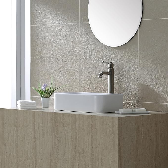 Kraus KCV-122-SN Ceramic Above counter Rectangular Bathroom Sink, 19.44 x 11.84 x 5 inches, Satin Nickel/White