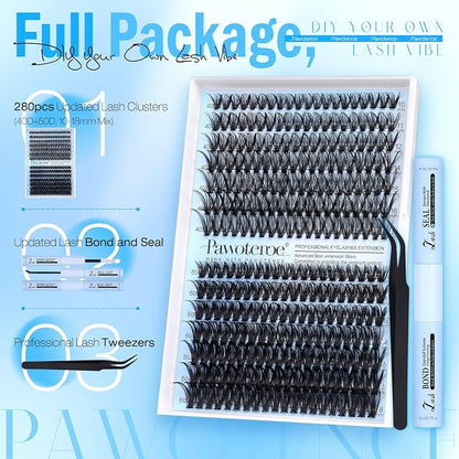 Lash Clusters Kit 40D 60D Lash Extension Kit 10-18mm Cluster Eyelash Extension Kit Individual Lashes 280pcs Eyelash Clusters with Lash Bond and Seal, Lash Tweezers for Self Use