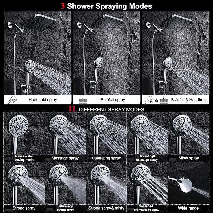 14 Inch Rainfall Shower Head with Handheld Sprayer Combo, High Pressure 10 Spray Settings Dual Shower Head System, Anti-Clog Nozzles Easy Install for Low Water Pressure Bathroom