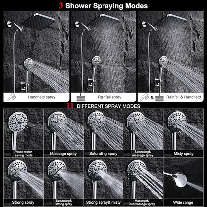 14 Inch Rainfall Shower Head with Handheld Sprayer Combo, High Pressure 10 Spray Settings Dual Shower Head System, Anti-Clog Nozzles Easy Install for Low Water Pressure Bathroom