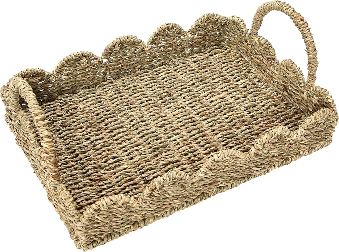 Household Essentials Seagrass Decorative Tray with Scalloped Edge, Handwoven Natural Wicker Organizer Basket with Handles & Iron Frame for Coffee Tables, Bathrooms & Countertops