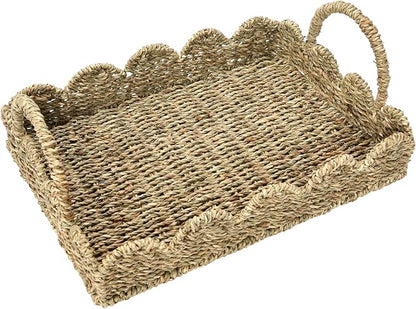 Household Essentials Seagrass Decorative Tray with Scalloped Edge, Handwoven Natural Wicker Organizer Basket with Handles & Iron Frame for Coffee Tables, Bathrooms & Countertops