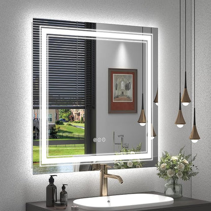 36x36 Square LED Mirror for Bathroom | Dimmable, Backlit and Front Lighted Vanity Mirror, Anti-Fog, Shatterproof, Memory, ETL Listed (Horizontal/Vertical)