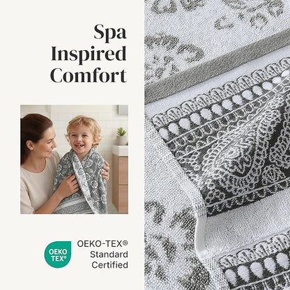 Modern Threads Floral Trail 6-Piece 100% Cotton Towel Set – Reversible Yarn Dyed Jacquard – Includes 2 Bath Towels, 2 Hand Towels, 2 Washcloths – Absorbent, Quick Dry, Soft & Durable – Gray
