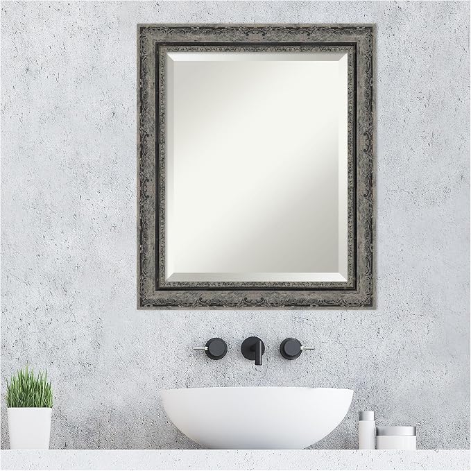 Amanti Art Black Bathroom Mirror for Over Sink, 24x20 Filigree Matte Black Rectangle Vanity Mirror, Small Traditional Frame, Hangs Horizonally and Vertically, Bathroom Wall Decor, Beveled Edge