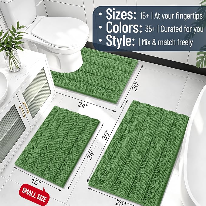 Smiry Thick Small Chenille Bathroom Rugs 24x16, Soft Bath Mat, Olive Green | Quick‑Dry & Machine Washable, Non‑Slip Bath Carpet, Striped Bath Rugs for Tub & Shower, Modern Home Decor Accessories