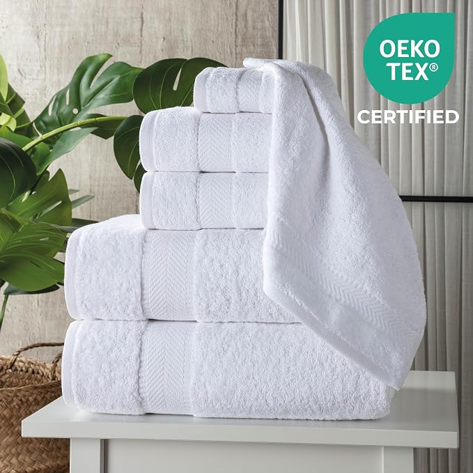 100% Turkish Cotton 6 Pcs Bath Towel Set, Luxury Bath Towels for Bathroom, Soft & Absorbent Bathroom Towels Set (2 Bathtowels, 2 Hand Towels, 2 Washcloths)- White