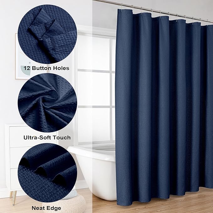 OVZME Berry Blue Shower Curtain, Embossed Textured Fabric Shower Curtain for Bathroom - Soft Cloth & Hotel Spa Luxury, Water Repellent, Machine Washable Long Shower Curtain, 72X78, Navy Blue