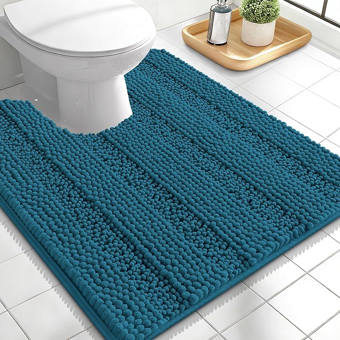 OLANLY Thick Toilet Rugs U-Shaped 24x20, Chenille Bath Mat, Peacock Blue | Extra soft Absorbent Striped Contour Bathroom Rugs for Toilet, Dry Quickly, Machine Washable, Non-Slip