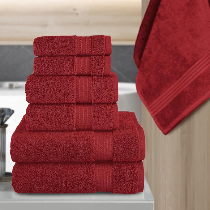 Elegant Comfort Premium Cotton 6-Piece Towel Set, Includes 2 Washcloths, 2 Hand Towels and 2 Bath Towels, 100% Turkish Cotton - Highly Absorbent and Super Soft Towels for Bathroom, Burgundy