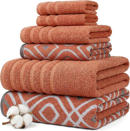 Modern Threads Classic Diamond 6-Piece 100% Cotton Towel Set – Yarn Dyed Jacquard – Includes 2 Bath Towels, 2 Hand Towels, 2 Washcloths – Absorbent, Quick Dry, Soft & Durable – Rust Orange