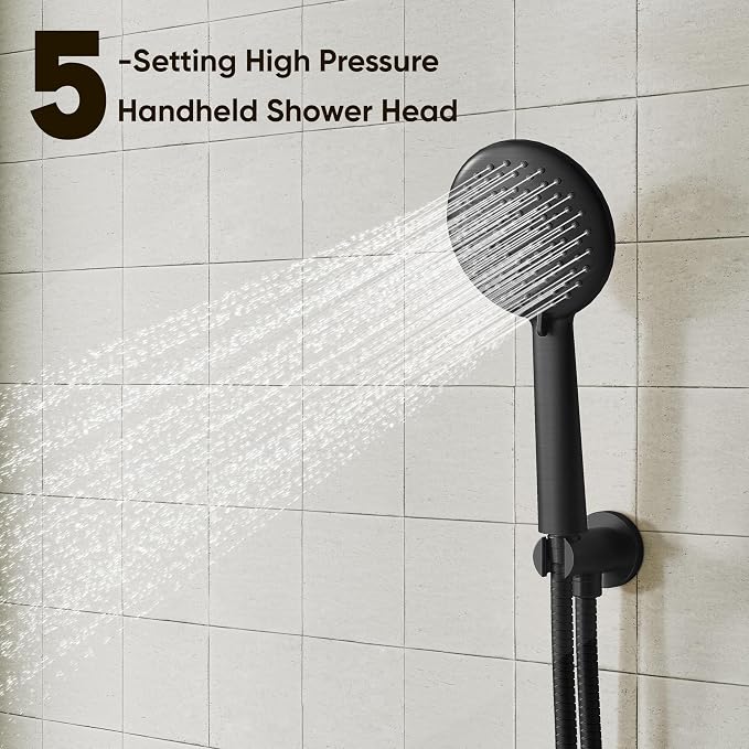 Gabrylly Shower System Black, Pressure Balance Shower Faucet Set, 10" Stainless Steel Rain Shower head with 5-Mode Handheld Shower Spray Combo,High Pressure Rainfall Shower Head Set, Matte Black