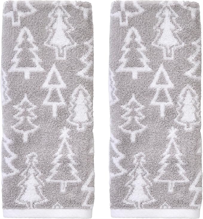SKL Home Christmas/Winter Mod Tree Hand Towel Set-2pc, 100% Cotton, Gray | 500 GSM. Soft & absorbent. Reversible jacquard pattern. Great for the bathroom, kitchen or bar & holiday gift.