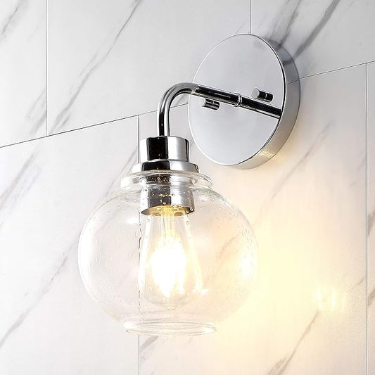 JONATHAN Y 6.5" Chrome 1-Light Farmhouse LED Vanity Light Wall Sconce for Bathroom, Clear Seeded Glass Shade, Industrial Iron Indoor Fixture, LED Bulb Included (JYL7526B)