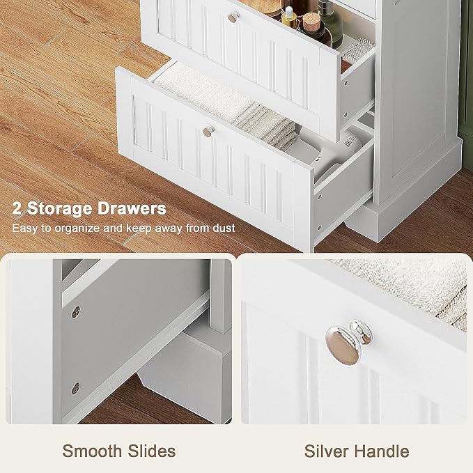 Treocho Bathroom Floor Cabinet with 2 Drawers and Adjustable Shelf | Bathroom Storage Cabinet, Freestanding Cupboard Pantry for Kitchen, Living Room, Dining Room, White