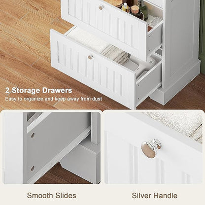 Treocho Bathroom Floor Cabinet with 2 Drawers and Adjustable Shelf | Bathroom Storage Cabinet, Freestanding Cupboard Pantry for Kitchen, Living Room, Dining Room, White