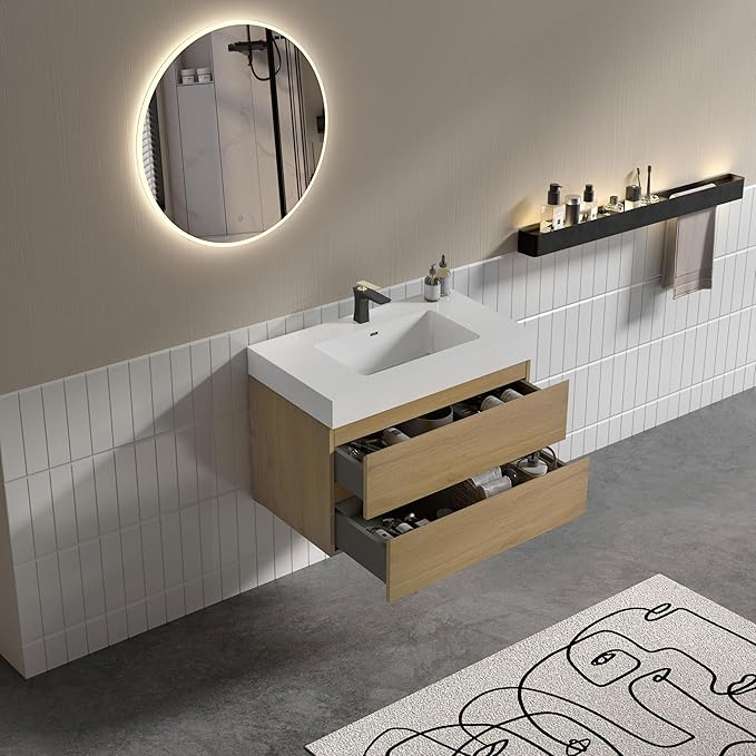 36" Floating Bathroom Vanity with Sink, Modern Bathroom Cabinet with Top and Soft Close Drawers, Spacious Storage for Small Space, Natural Oak - Lavanda Collection