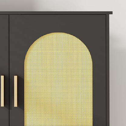 Homhedy Wooden Over The Toilet Storage Cabinet, Natural and Black | Bathroom Organizer with Rattan Decorated Doors, Adjustable Shelves, Toilet Paper Holder, for Small Spaces
