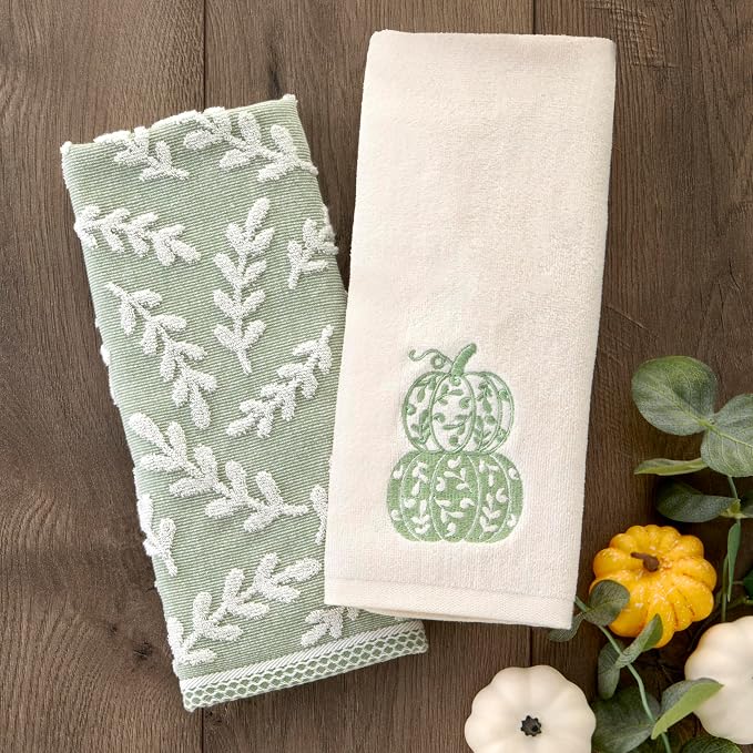 SKL Home Leaf Sprig Hand Towel Set-2pc, 100% Cotton, Reversible, Sage | Soft & absorbent jacquard. For use in the bathroom, kitchen, or bar & makes a great gift.