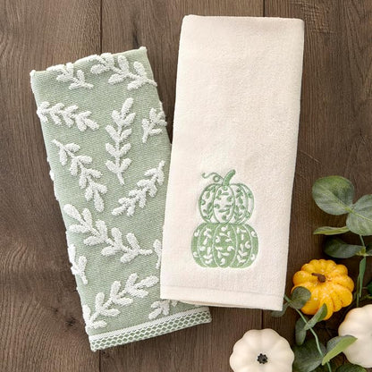 SKL Home Leaf Sprig Hand Towel Set-2pc, 100% Cotton, Reversible, Sage | Soft & absorbent jacquard. For use in the bathroom, kitchen, or bar & makes a great gift.